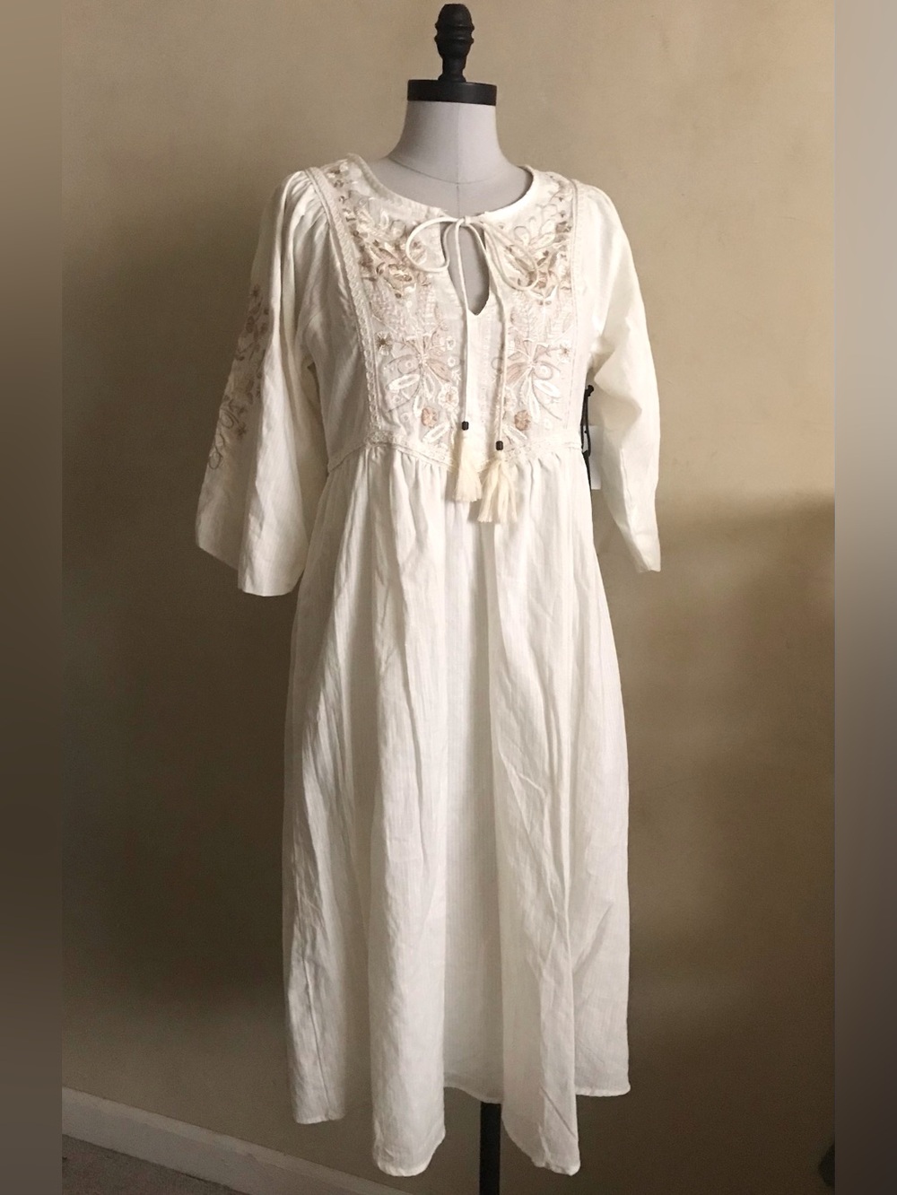 Black Tape Cream Embroidered Midi Dress with Tassel Tie